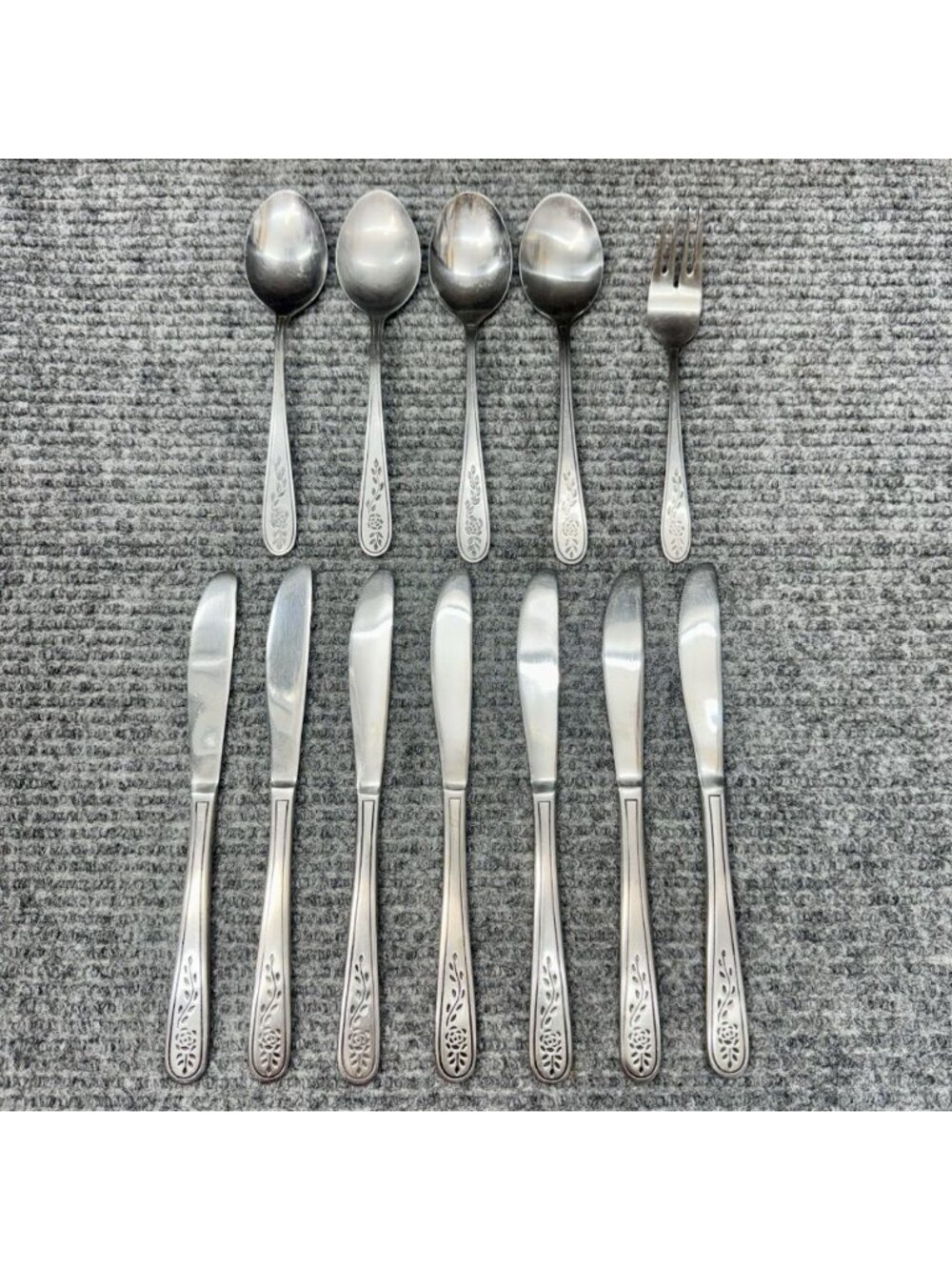 Rogers Co Knives Spoons Fork Knife Floral Mist Stainless Lot Of 12 Silverware